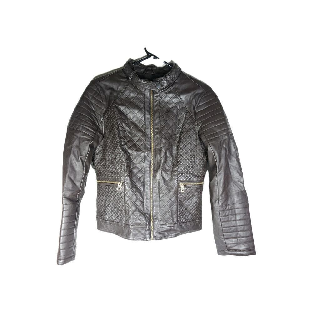 Cavalini Ci Sono Women's Sz M Brown Faux Leather Quilted Front Zip Biker Jacket